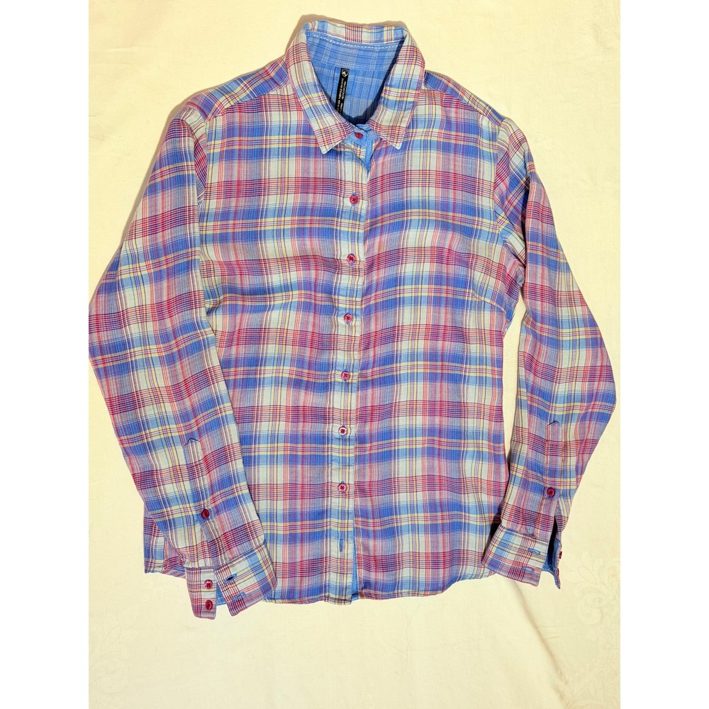 KUHL Womens Plaid Button Down Shirt Long Roll Tab Sleeve Blue Pink Size M